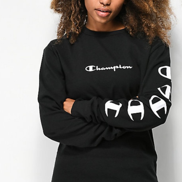 Champion Script Black Unisex Long Sleeve T-Shirt - Picture 3 of 4